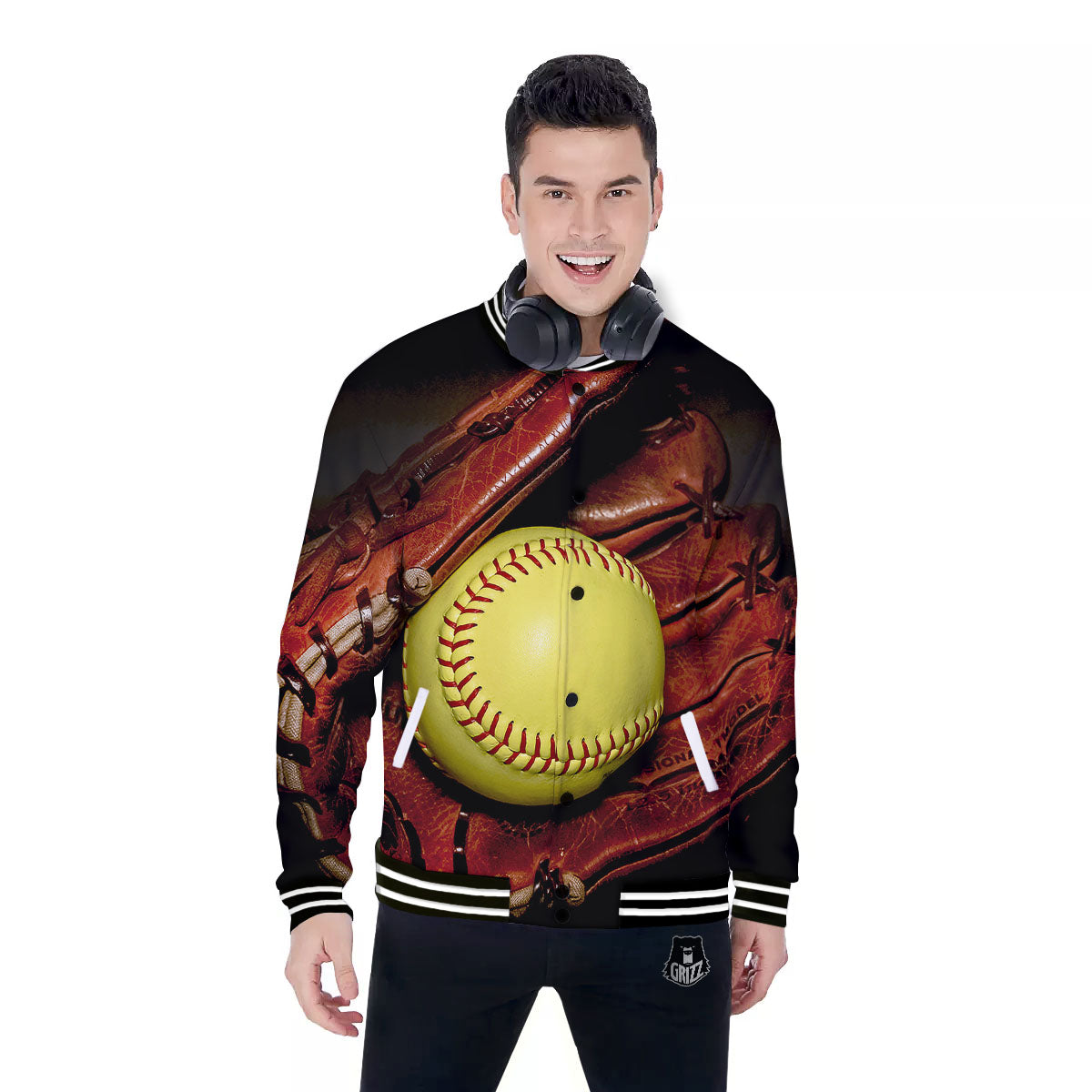 Softball Yellow Print Baseball Jacket-grizzshop