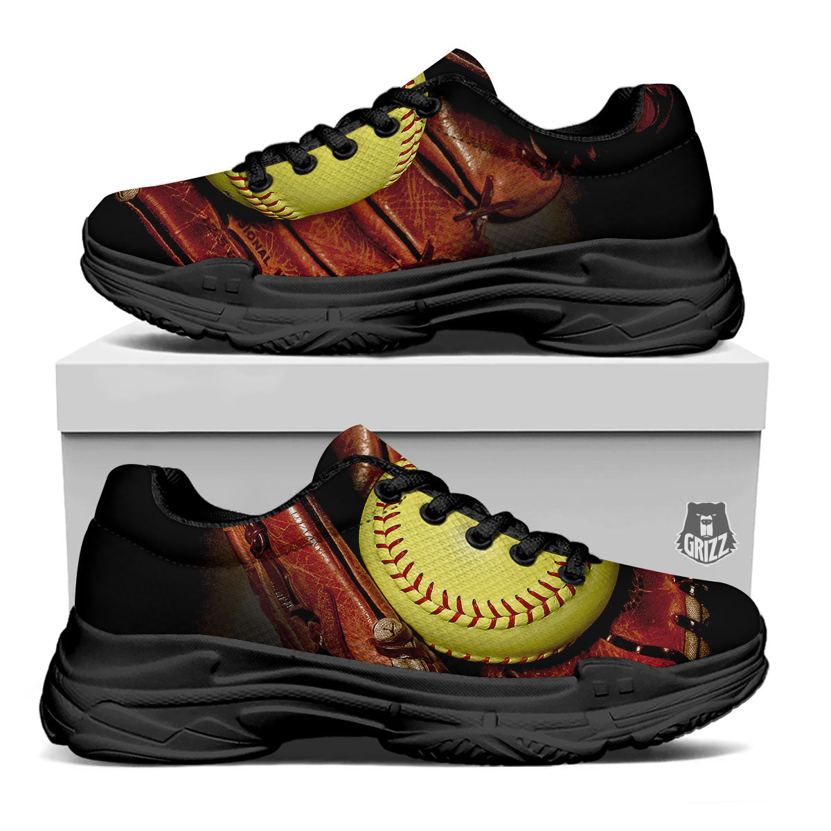 Softball Yellow Print Black Chunky Shoes-grizzshop
