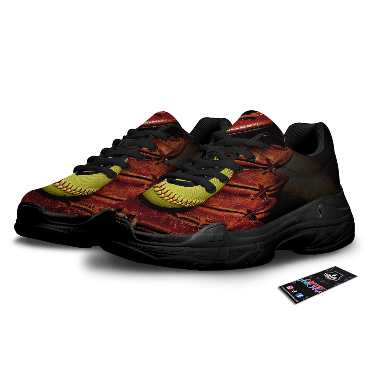 Softball Yellow Print Black Chunky Shoes-grizzshop