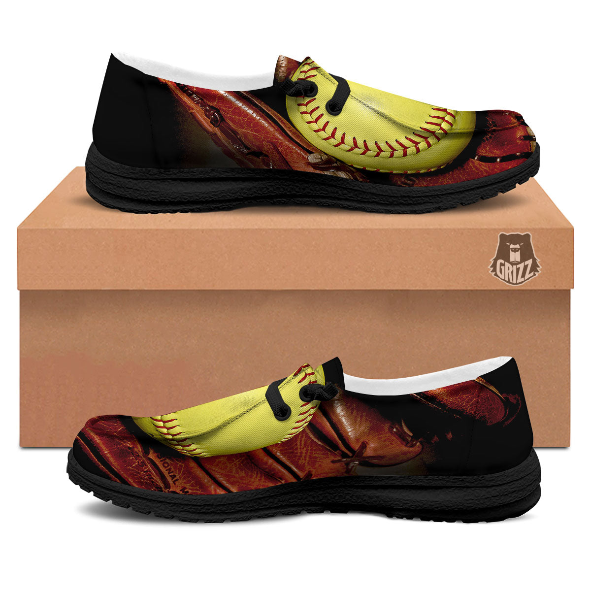 Softball Yellow Print Black Loafers-grizzshop