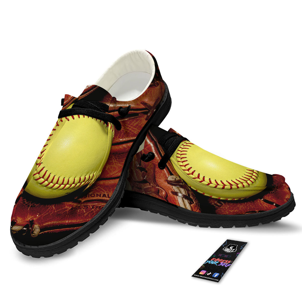 Softball Yellow Print Black Loafers-grizzshop