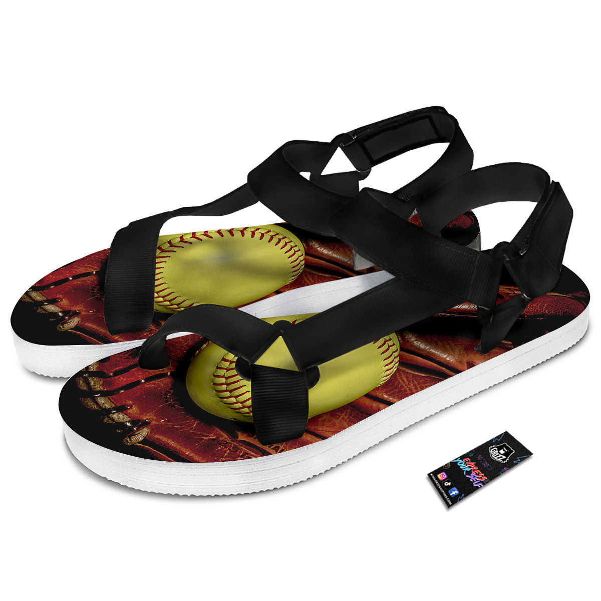 Softball Yellow Print Black Open Toe Sandals-grizzshop