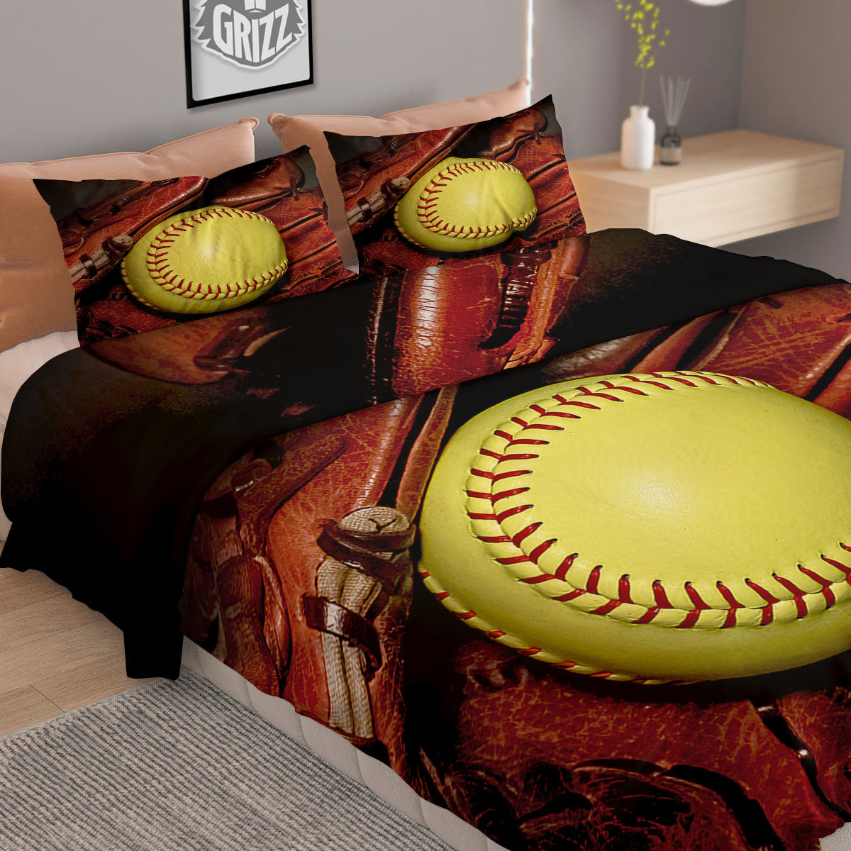 Softball Yellow Print Duvet Cover Bedding Set