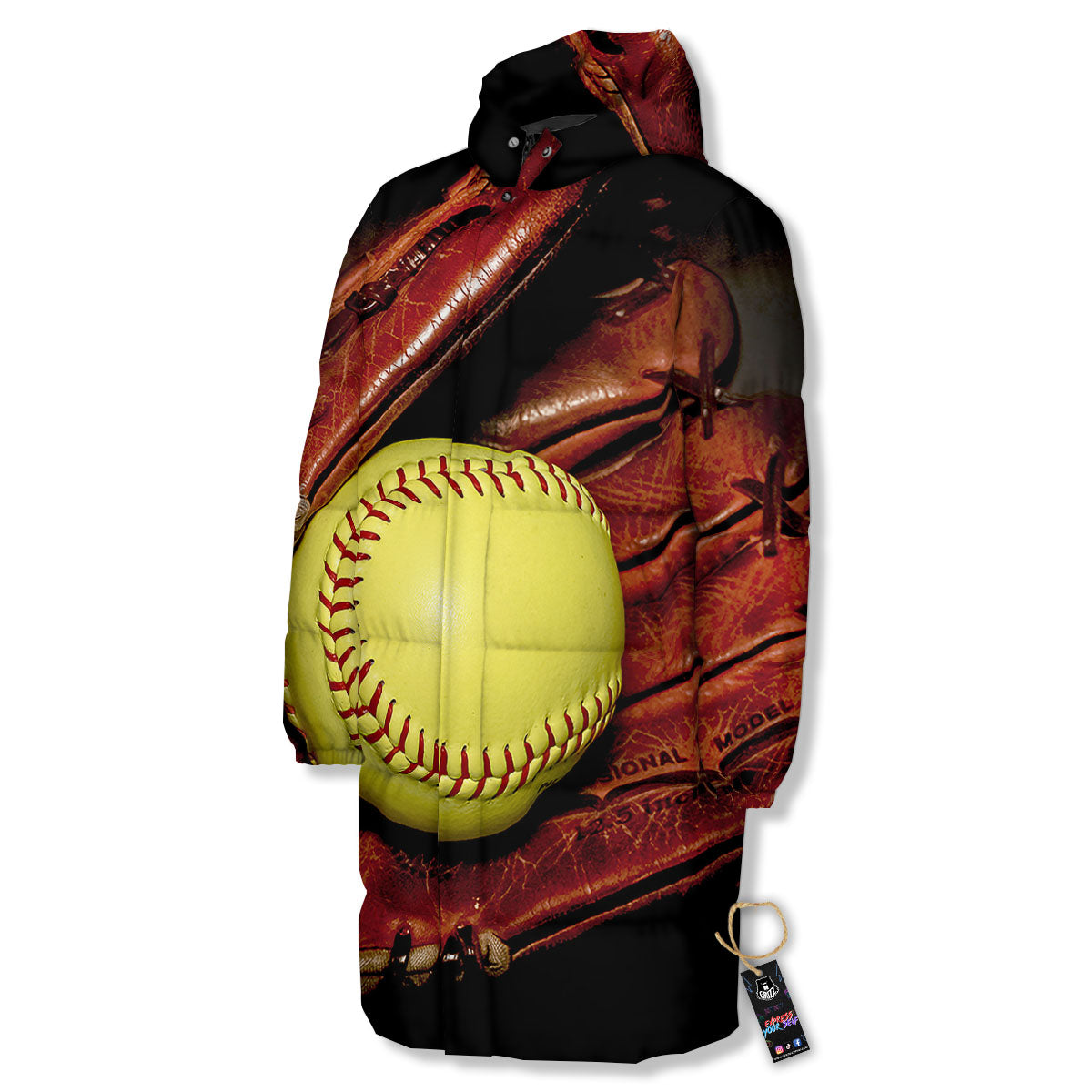 Softball Yellow Print Long Down Jacket-grizzshop