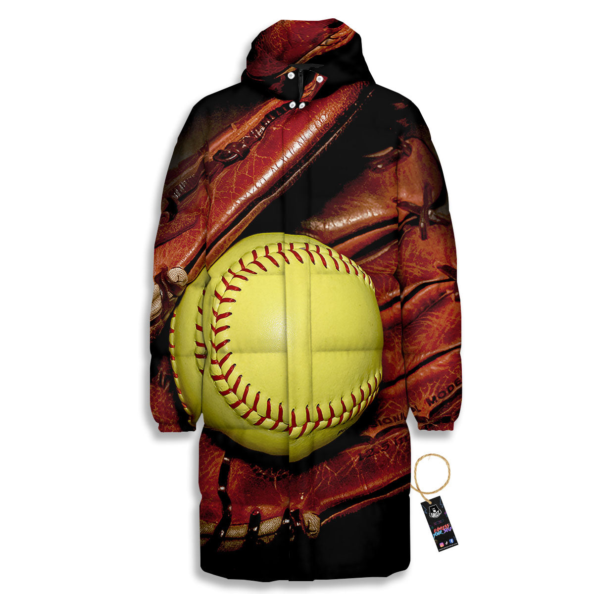 Softball Yellow Print Long Down Jacket-grizzshop