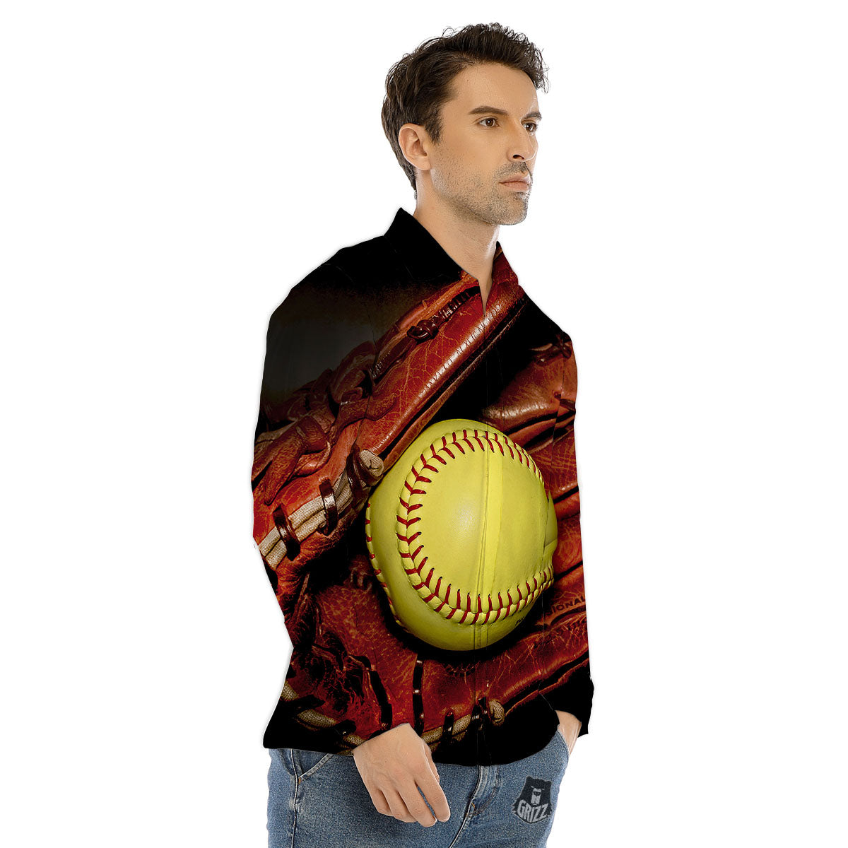 Softball Yellow Print Men's Dress Shirts-grizzshop
