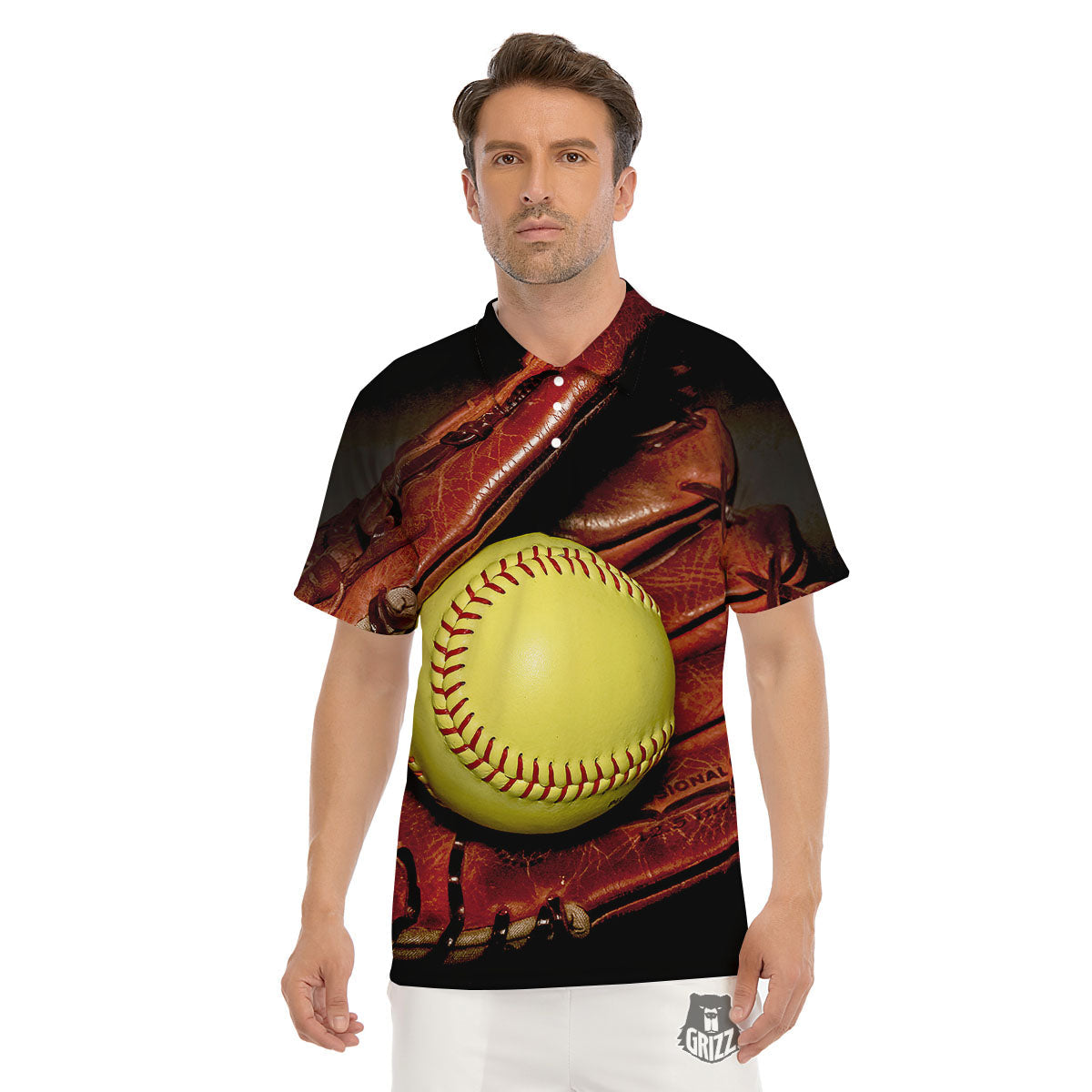 Softball Yellow Print Men's Golf Shirts-grizzshop