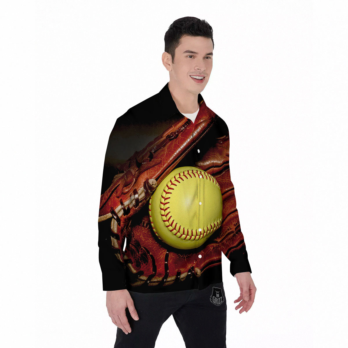 Softball Yellow Print Men's Long Sleeve Shirts-grizzshop