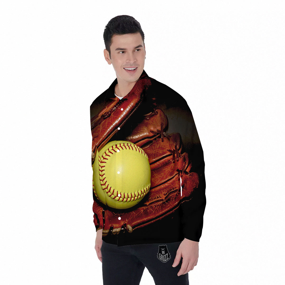 Softball Yellow Print Men's Long Sleeve Shirts-grizzshop