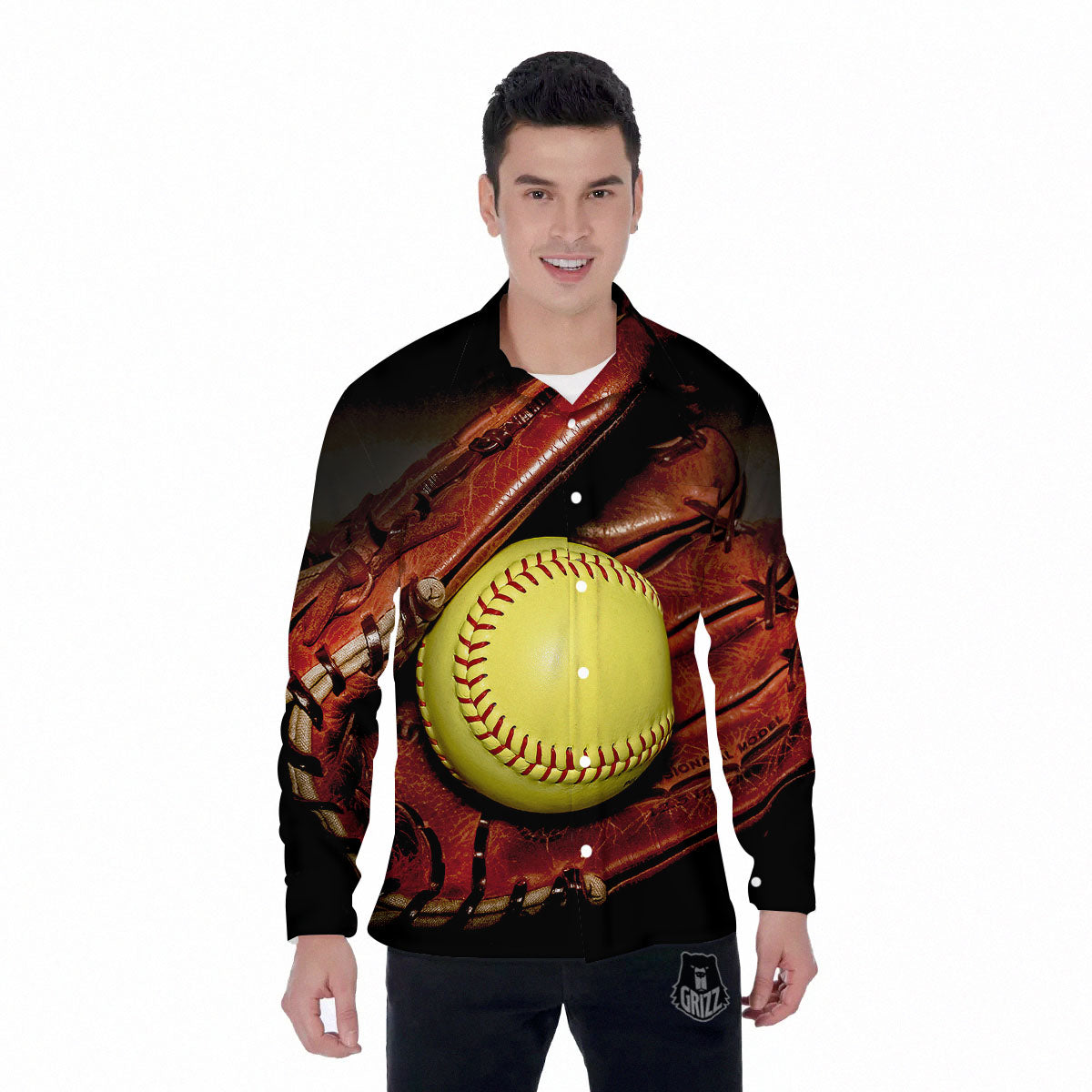 Softball Yellow Print Men's Long Sleeve Shirts-grizzshop