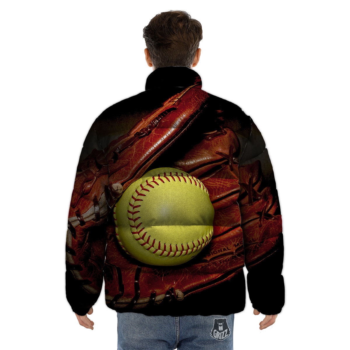 Softball Yellow Print Puffer Jacket-grizzshop