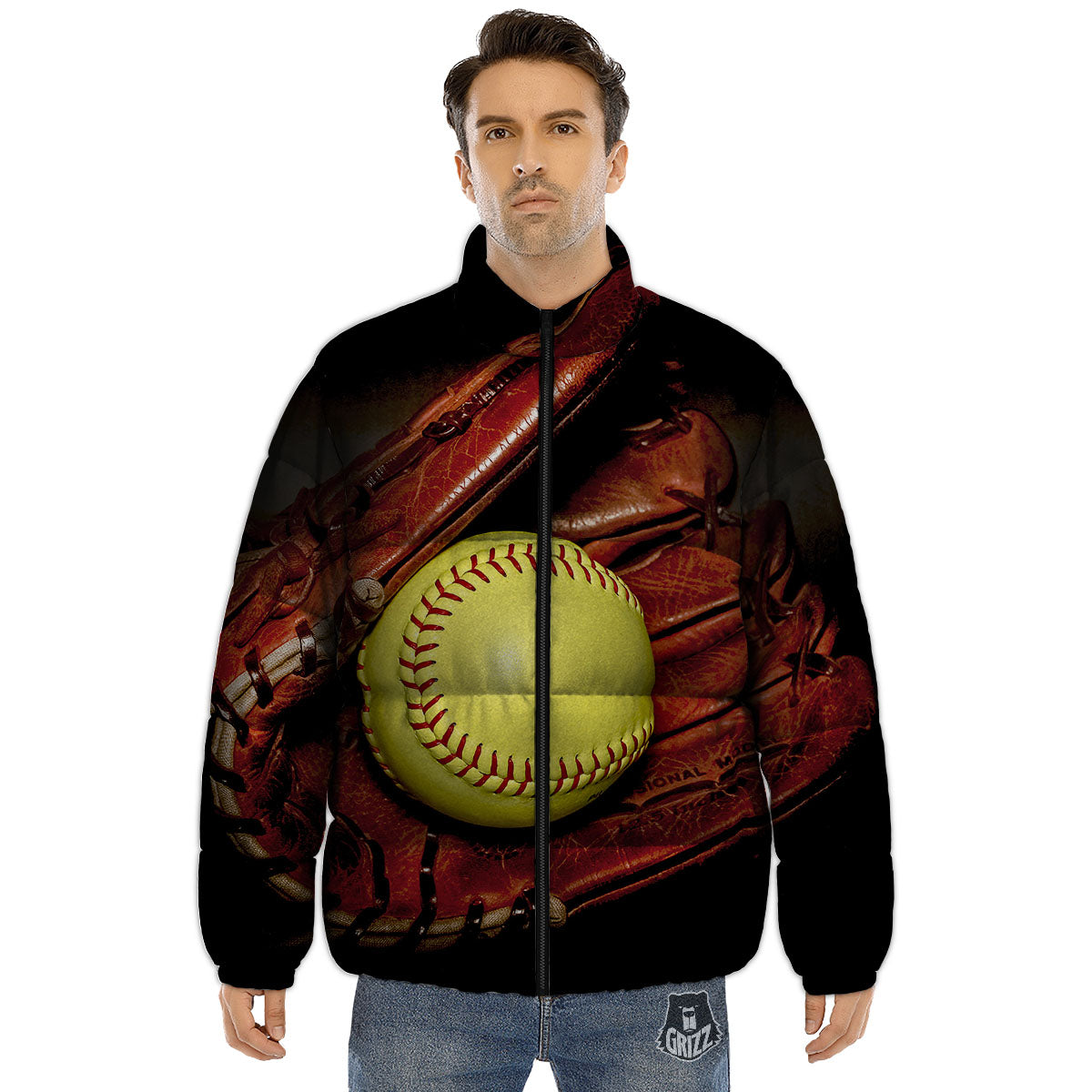 Softball Yellow Print Puffer Jacket-grizzshop