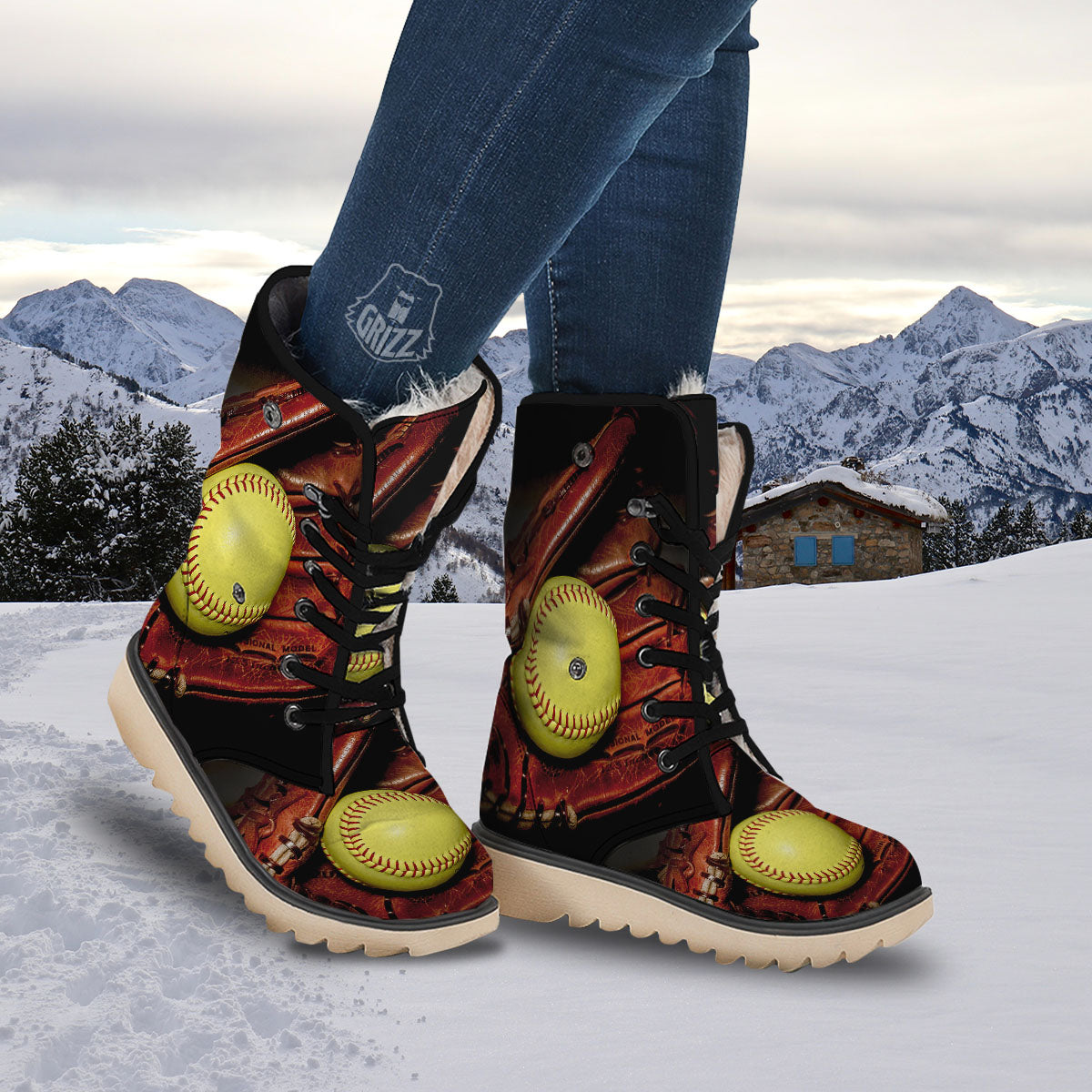 Softball Yellow Print Snow Boots-grizzshop