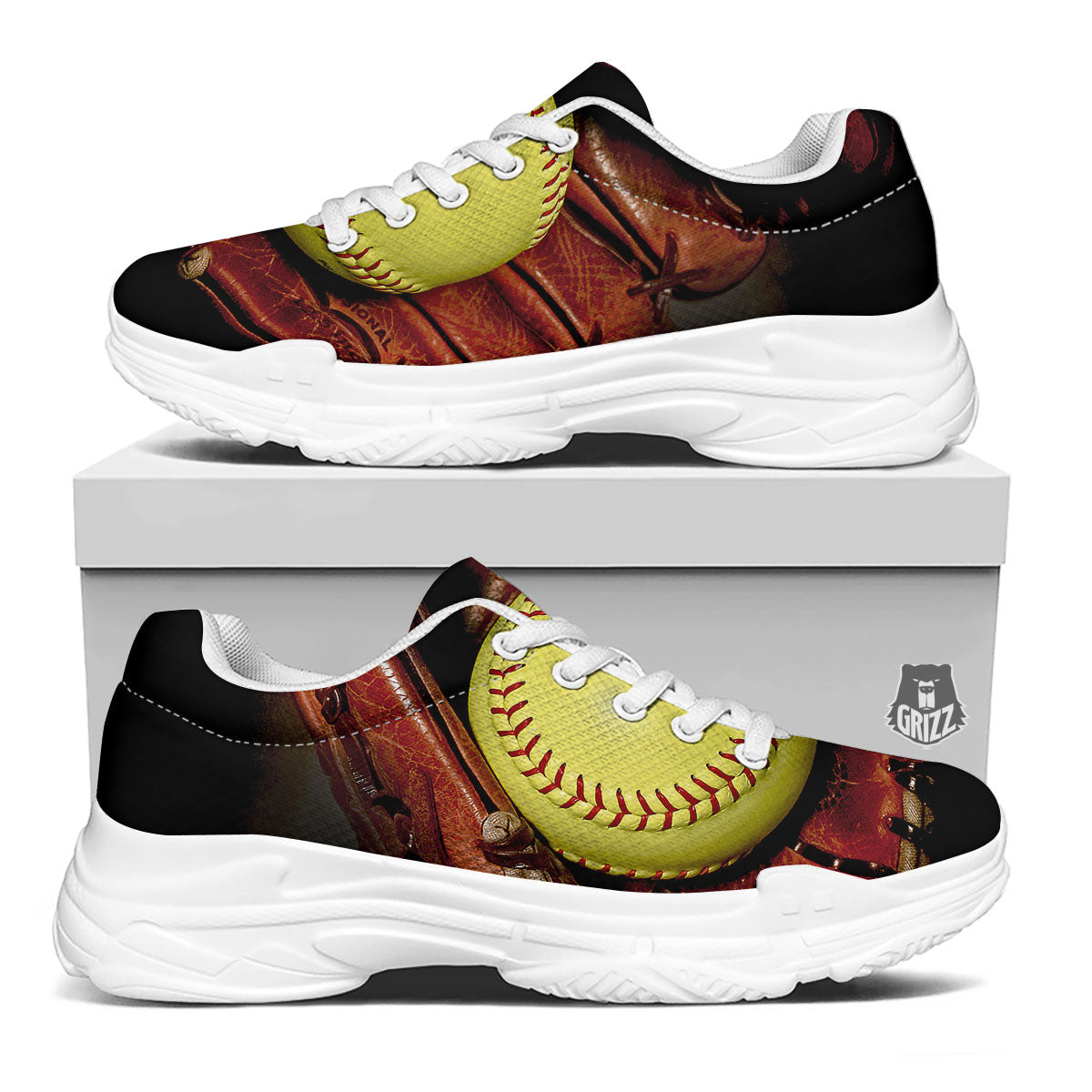 Softball Yellow Print White Chunky Shoes-grizzshop