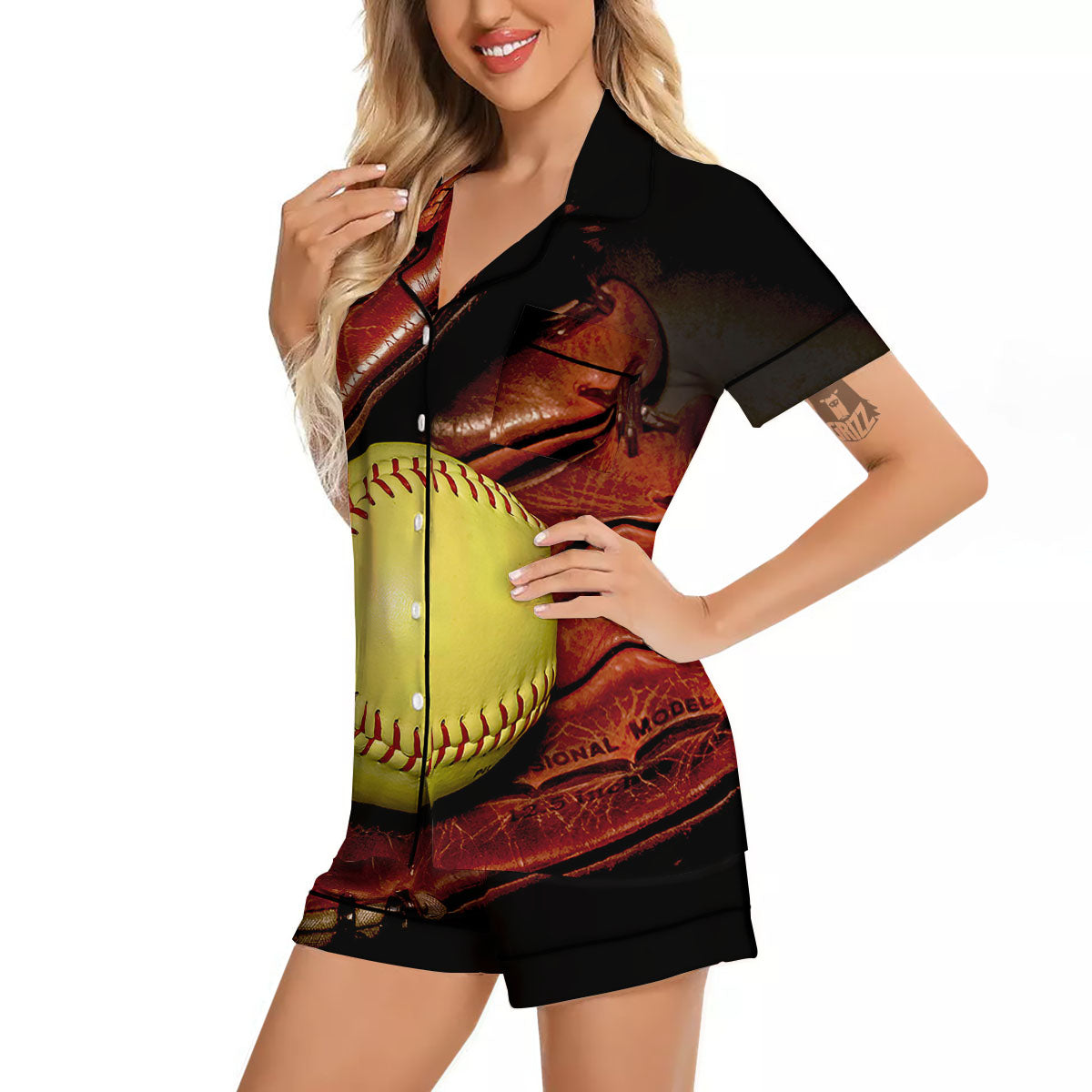 Softball Yellow Print Women Silk Pajamas-grizzshop