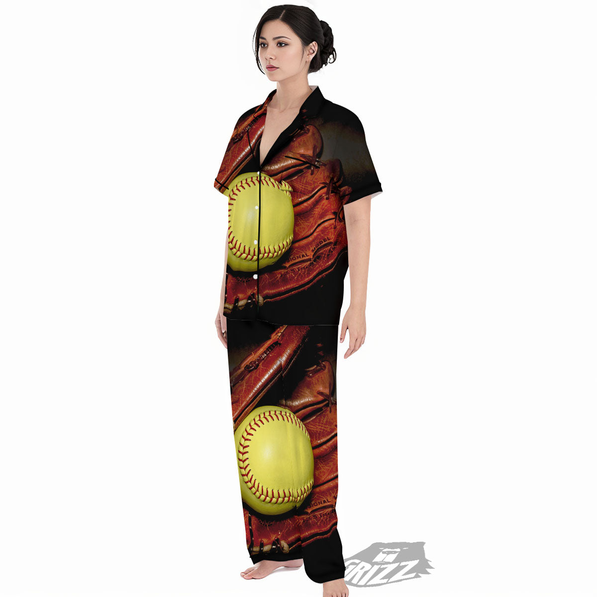 Softball Yellow Print Women's Pajamas Set-grizzshop
