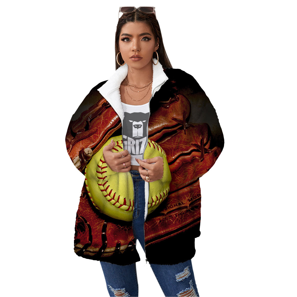 Softball Yellow Print Women's Sherpa Jacket-grizzshop