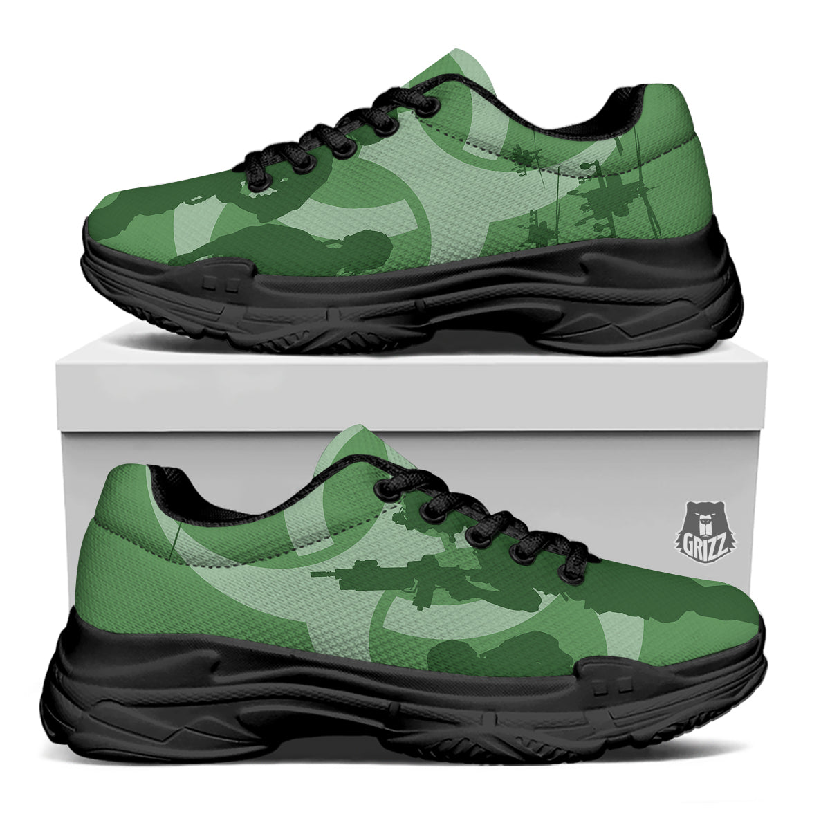 Soldiers And Biohazard Print Black Chunky Shoes-grizzshop