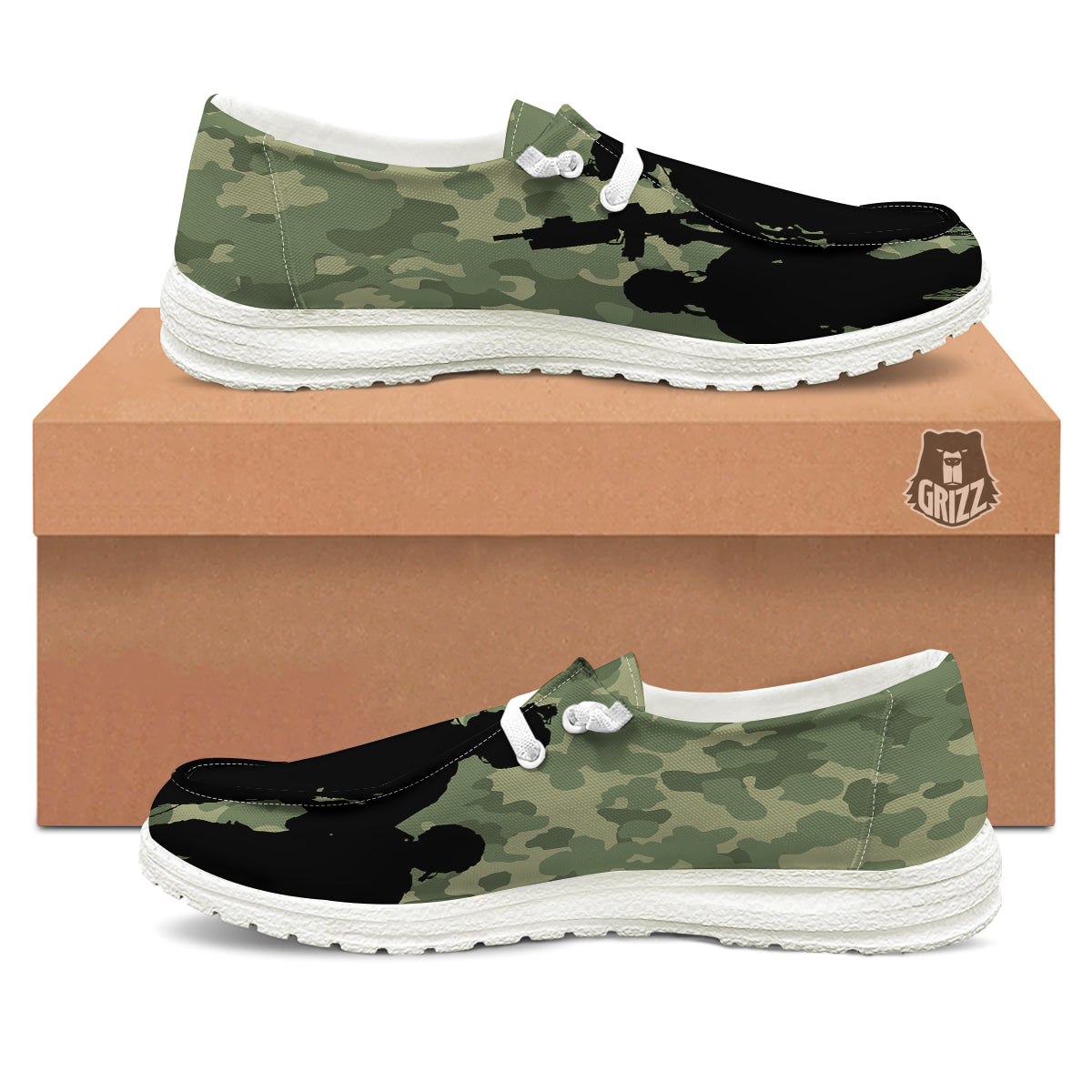 Soldiers And Camouflage Print White Loafers-grizzshop
