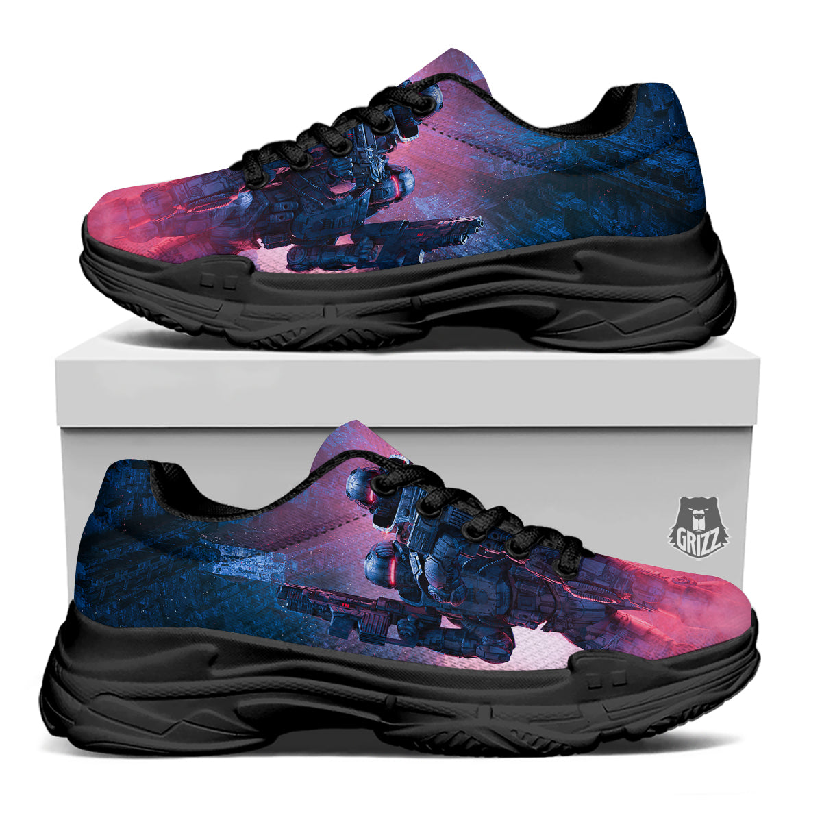 Soldiers Cyberpunk Print Black Chunky Shoes-grizzshop