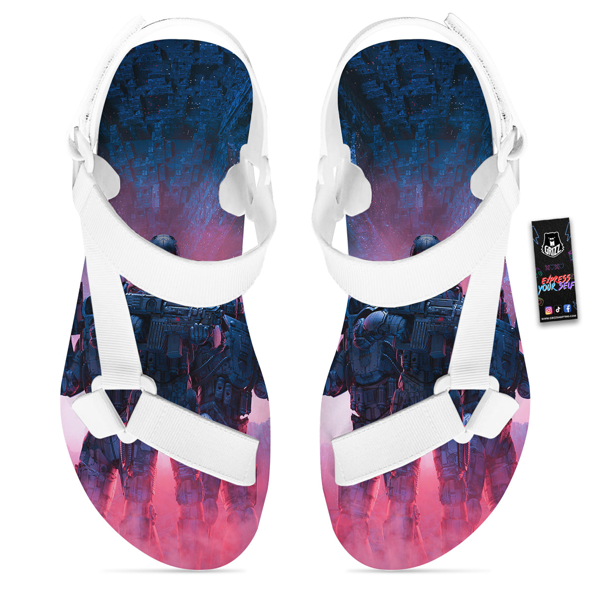 Soldiers Cyberpunk Print White Open Toe Sandals-grizzshop
