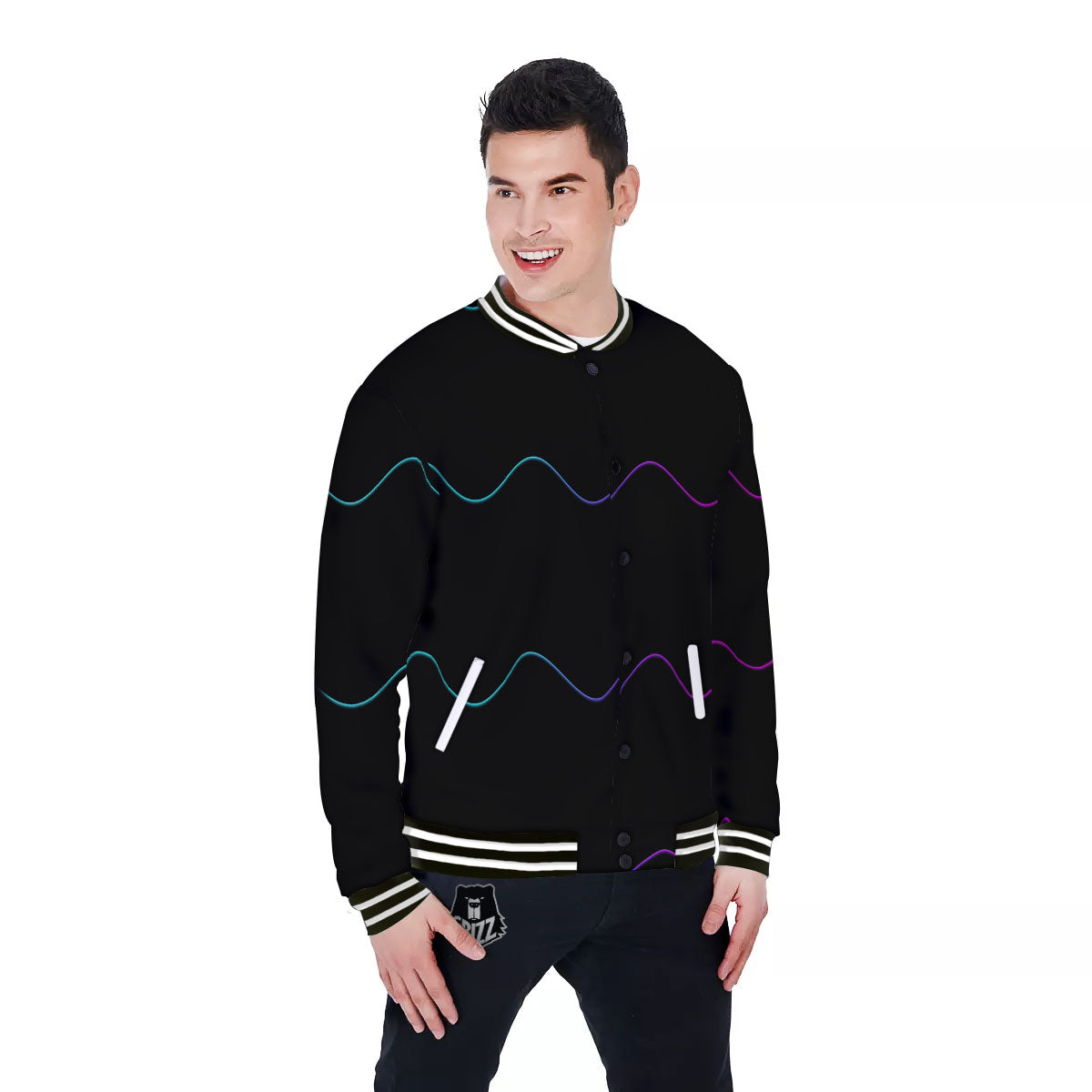 Sound Wave Teal And Purple Black Print Baseball Jacket-grizzshop