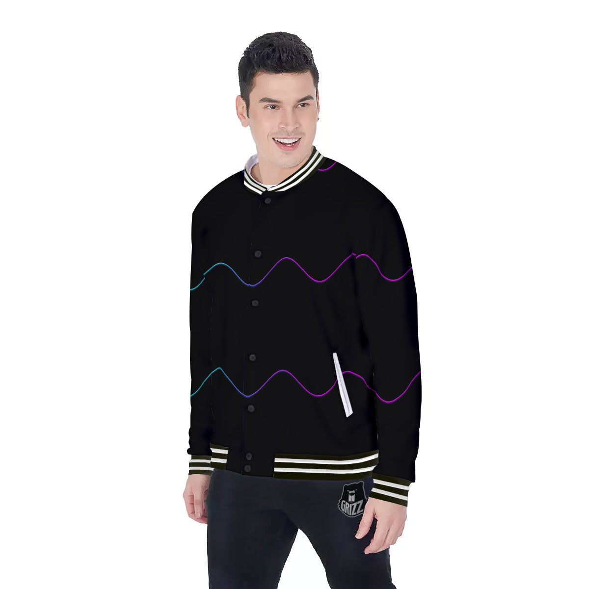 Sound Wave Teal And Purple Black Print Baseball Jacket-grizzshop