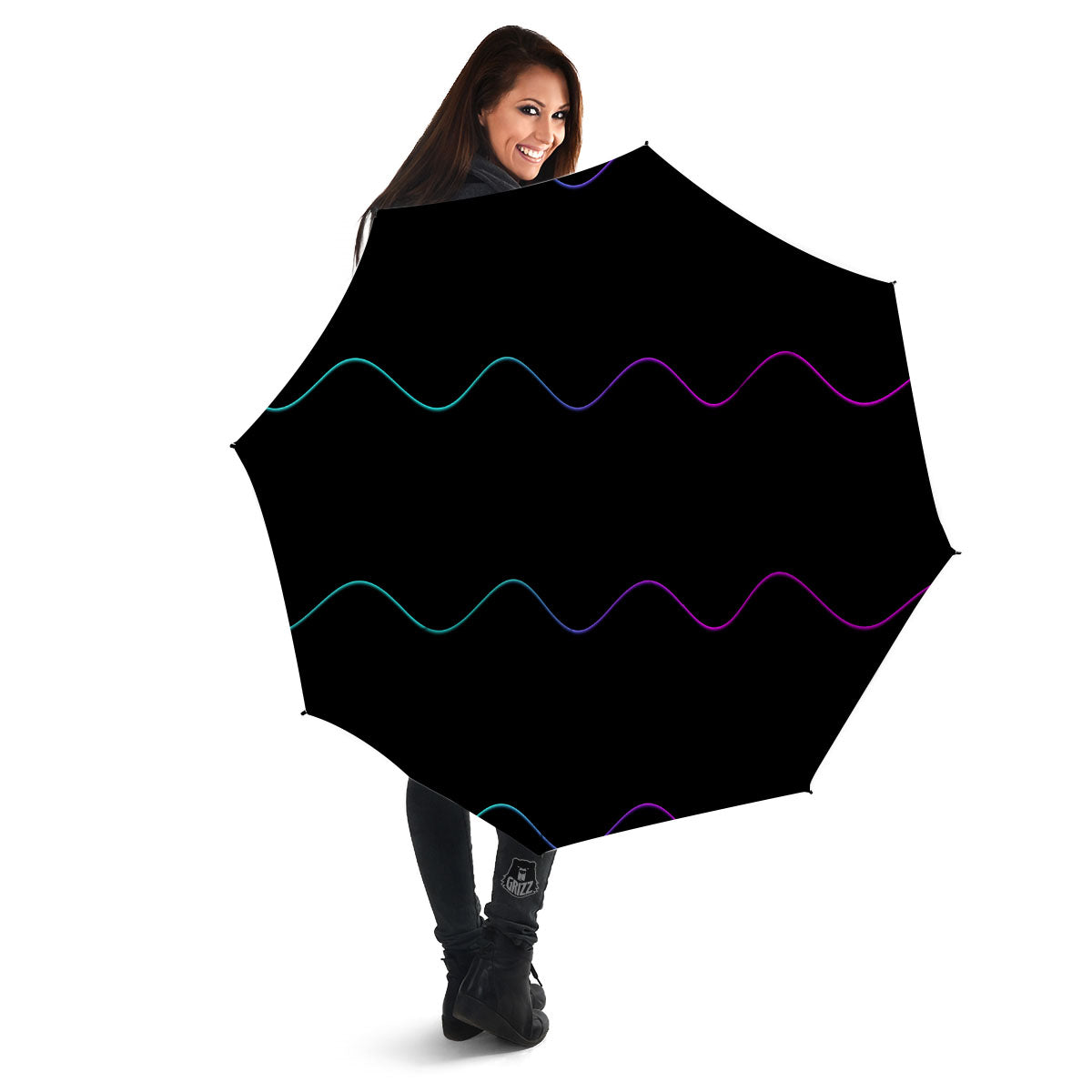 Sound Wave Teal And Purple Black Print Umbrella-grizzshop