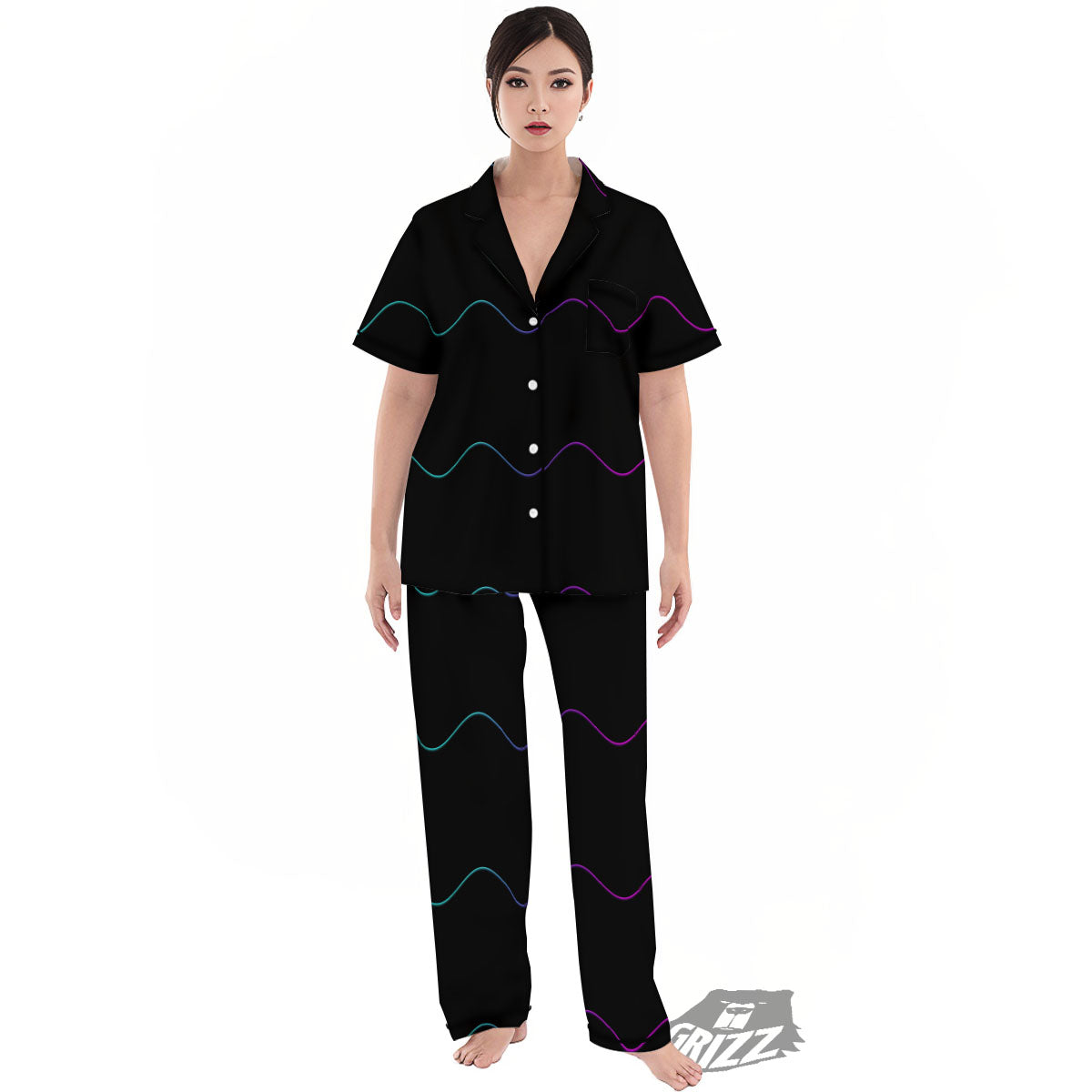 Sound Wave Teal And Purple Black Print Women's Pajamas Set-grizzshop
