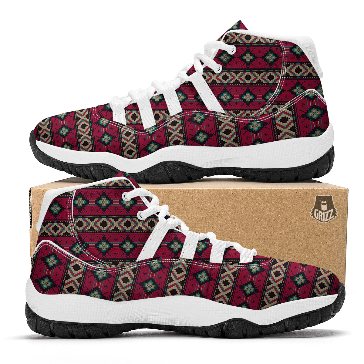 Southwest Navajo Aztec Geometric Print Pattern White Bball Shoes-grizzshop