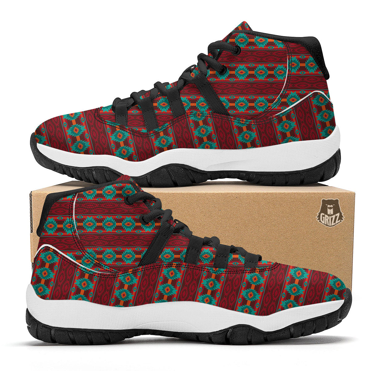 Southwest Red Aztec Print Pattern Black Bball Shoes-grizzshop