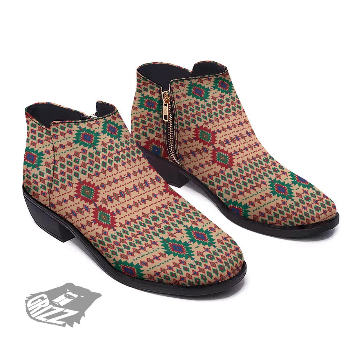 Southwestern Beige And Red Print Pattern Ankle Boots-grizzshop