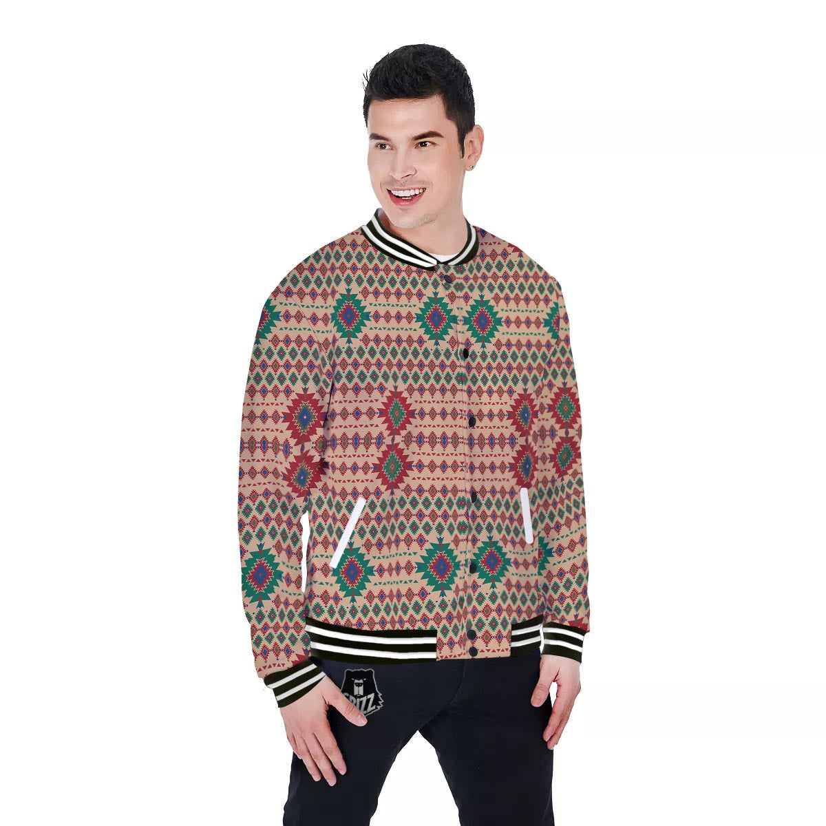 Southwestern Beige And Red Print Pattern Baseball Jacket-grizzshop