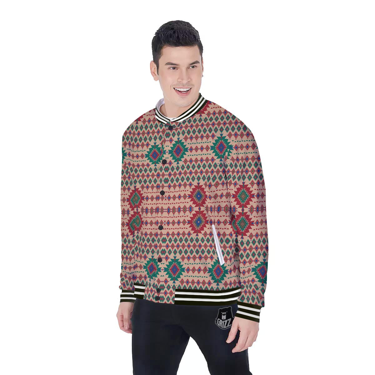 Southwestern Beige And Red Print Pattern Baseball Jacket-grizzshop