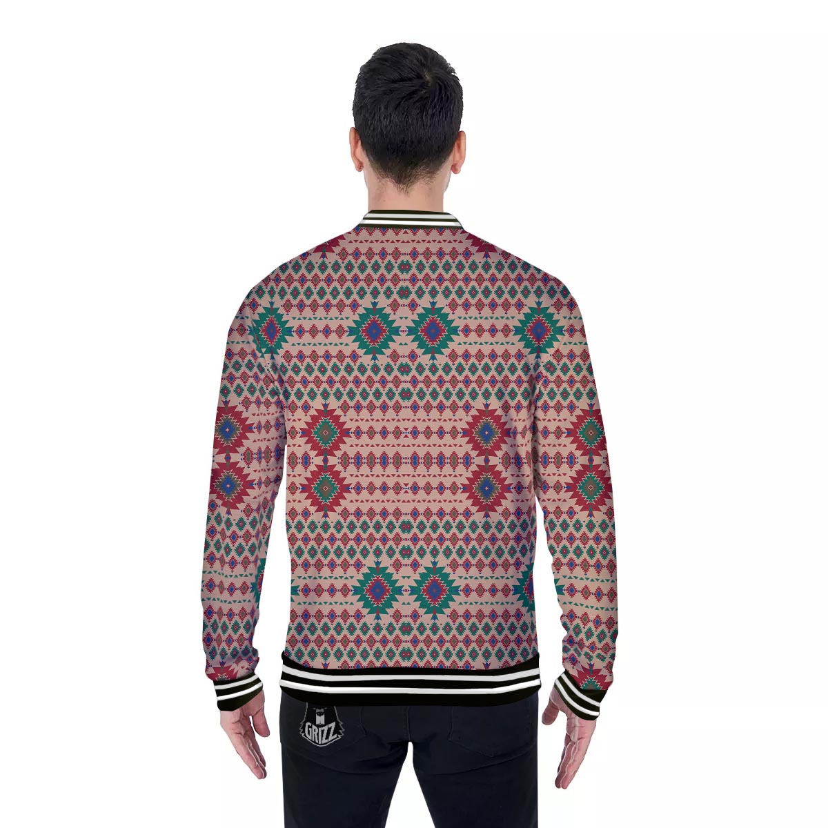Southwestern Beige And Red Print Pattern Baseball Jacket-grizzshop