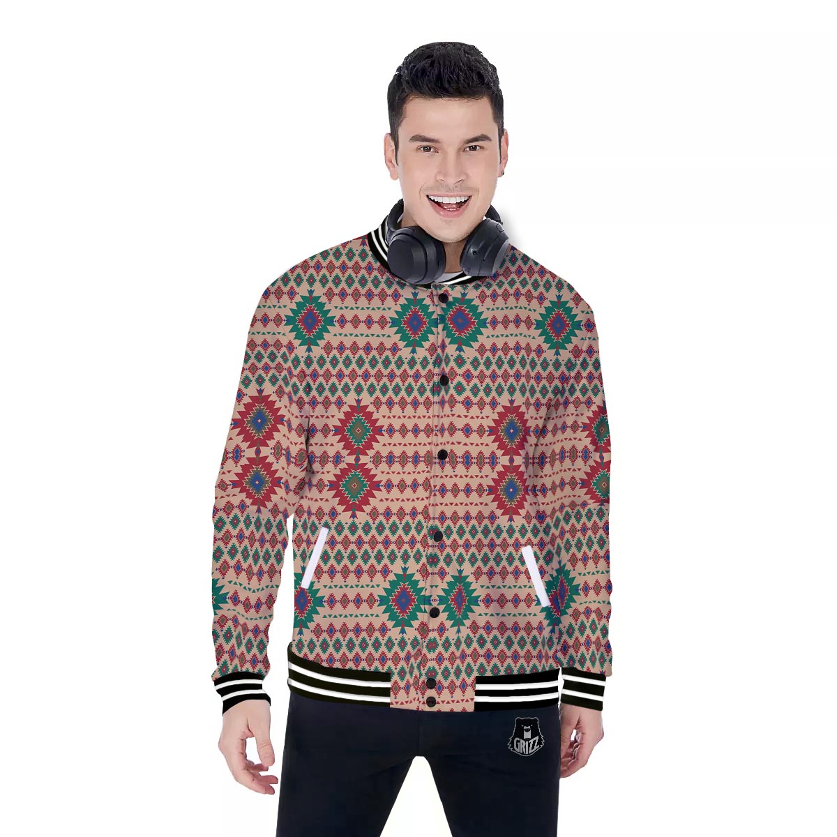 Southwestern Beige And Red Print Pattern Baseball Jacket-grizzshop