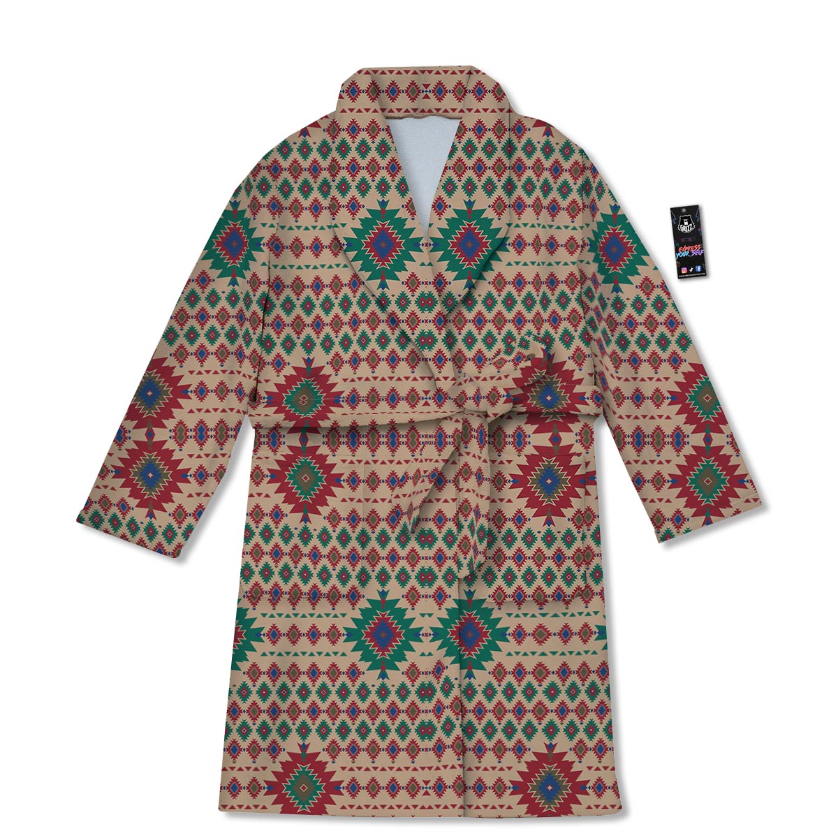Southwestern Beige And Red Print Pattern Bathrobe-grizzshop