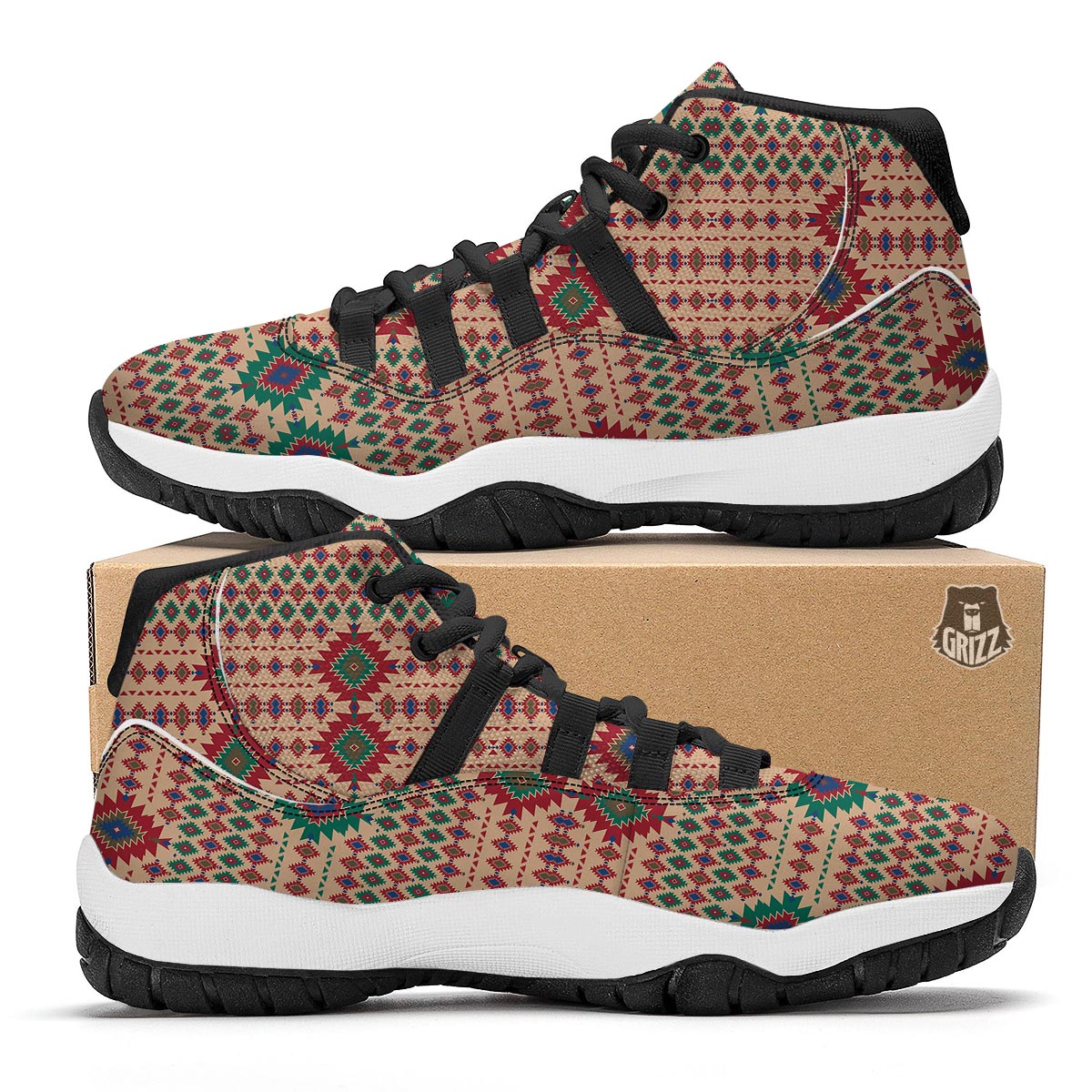 Southwestern Beige And Red Print Pattern Black Bball Shoes-grizzshop