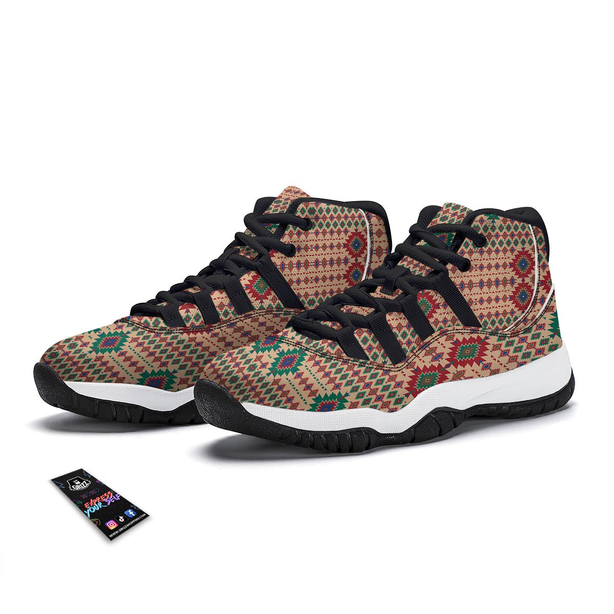Southwestern Beige And Red Print Pattern Black Bball Shoes-grizzshop