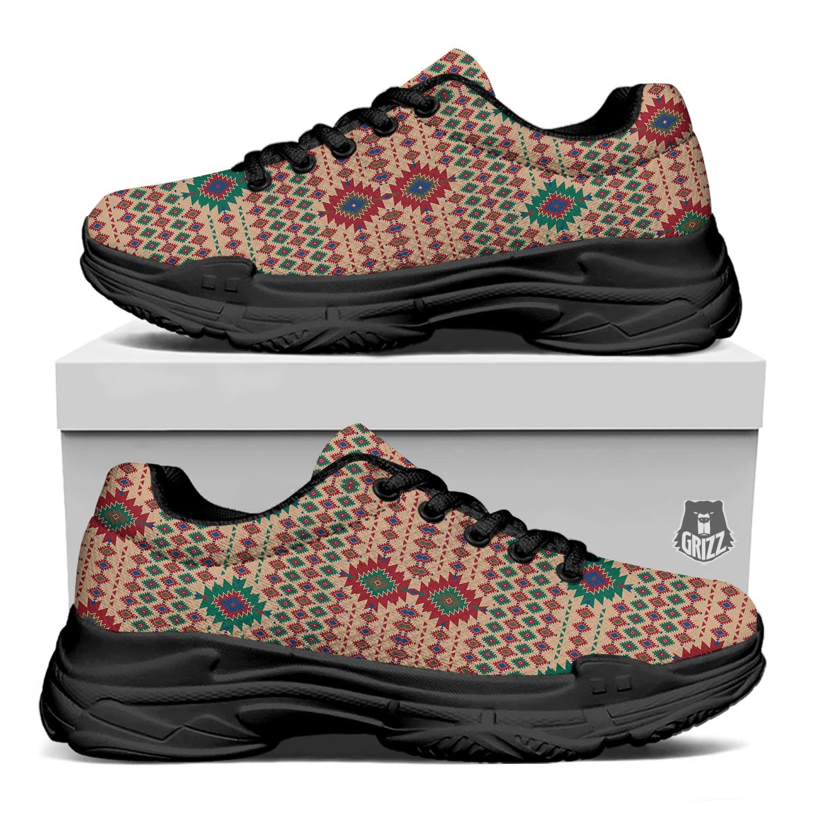 Southwestern Beige And Red Print Pattern Black Chunky Shoes-grizzshop