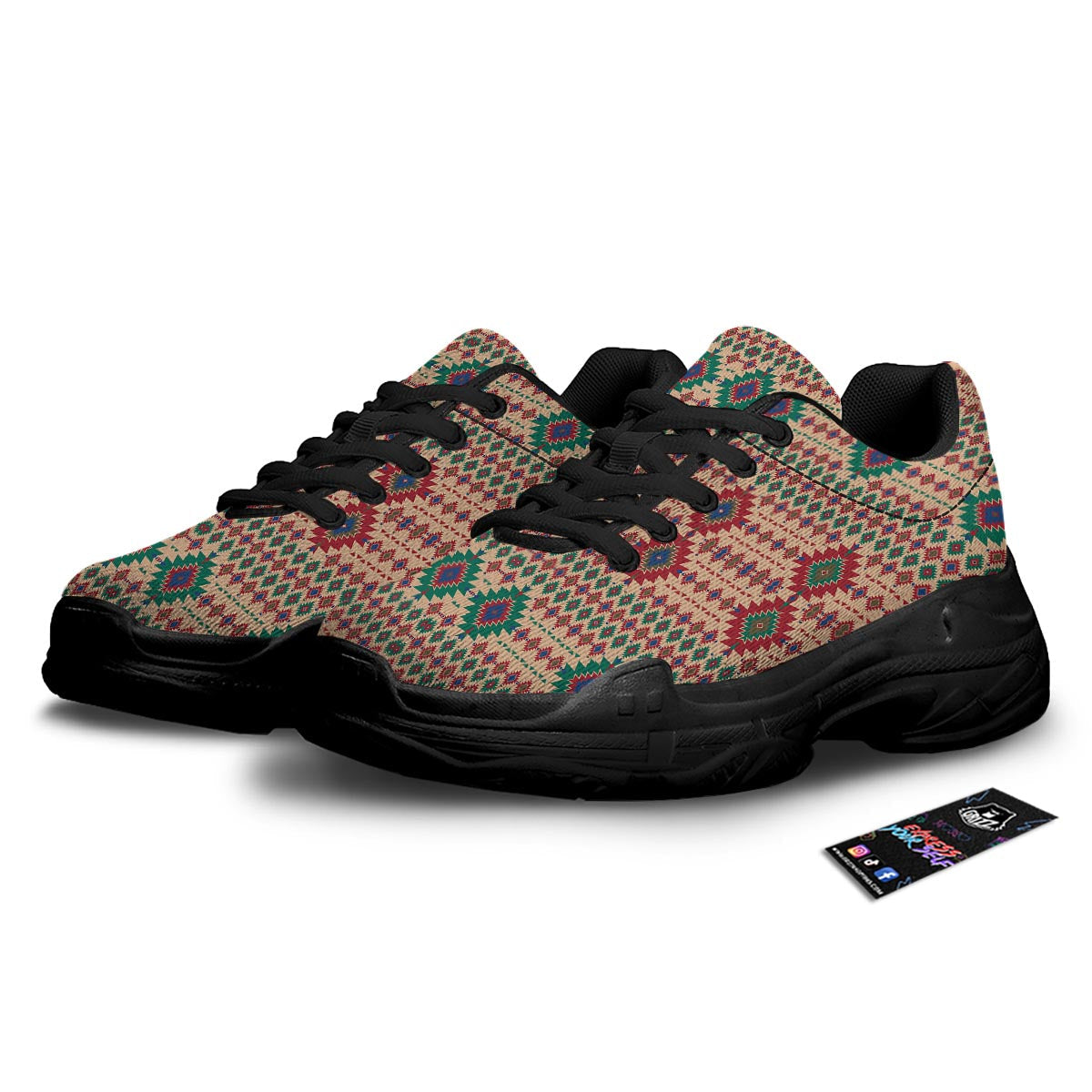 Southwestern Beige And Red Print Pattern Black Chunky Shoes-grizzshop