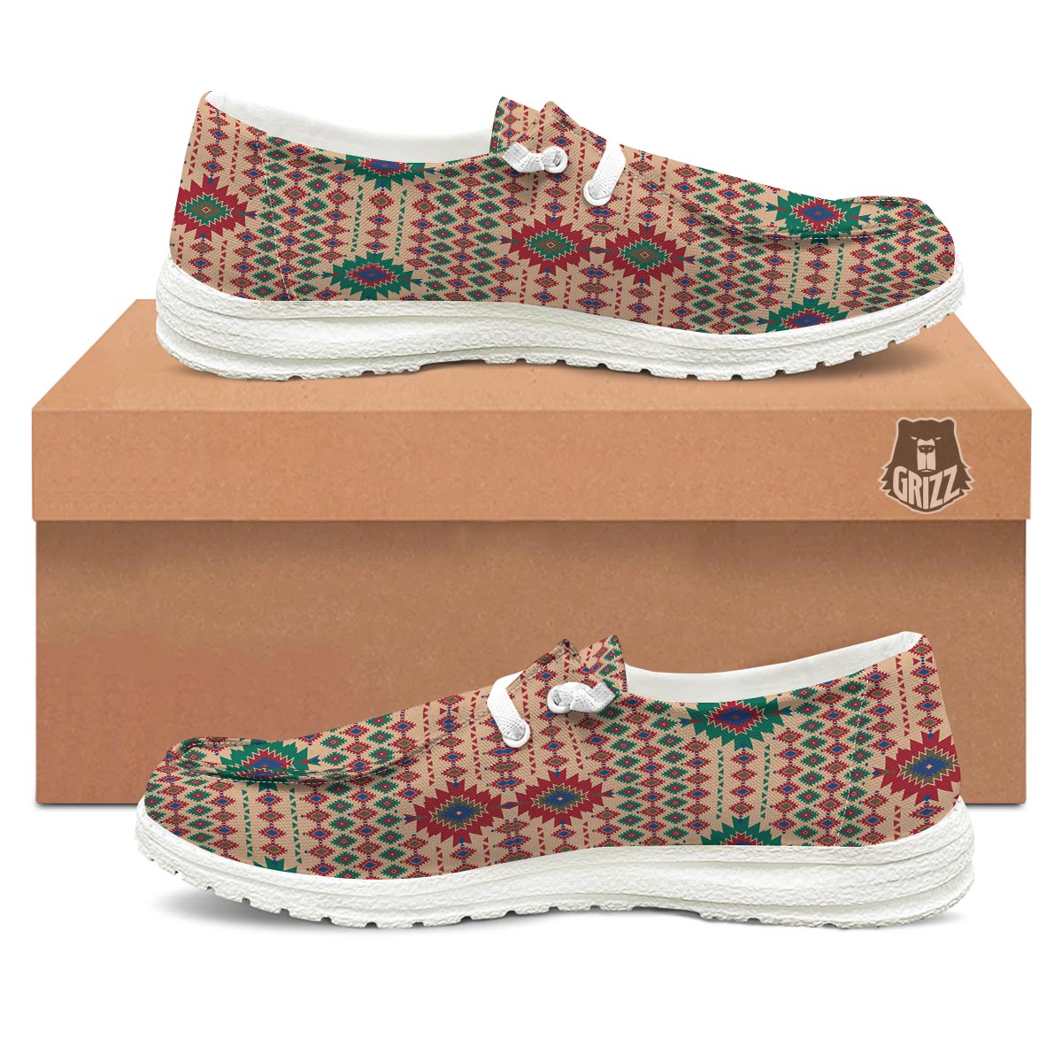 Southwestern Beige And Red Print Pattern Black Loafers-grizzshop