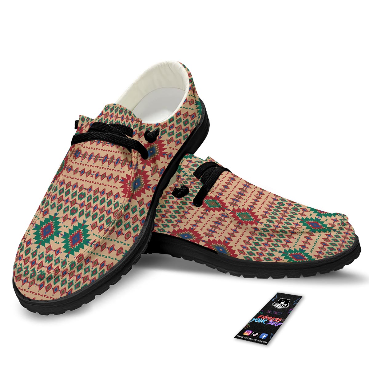 Southwestern Beige And Red Print Pattern Black Loafers-grizzshop
