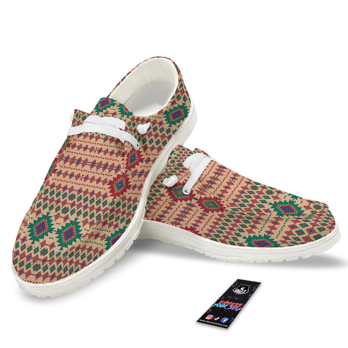Southwestern Beige And Red Print Pattern Black Loafers-grizzshop
