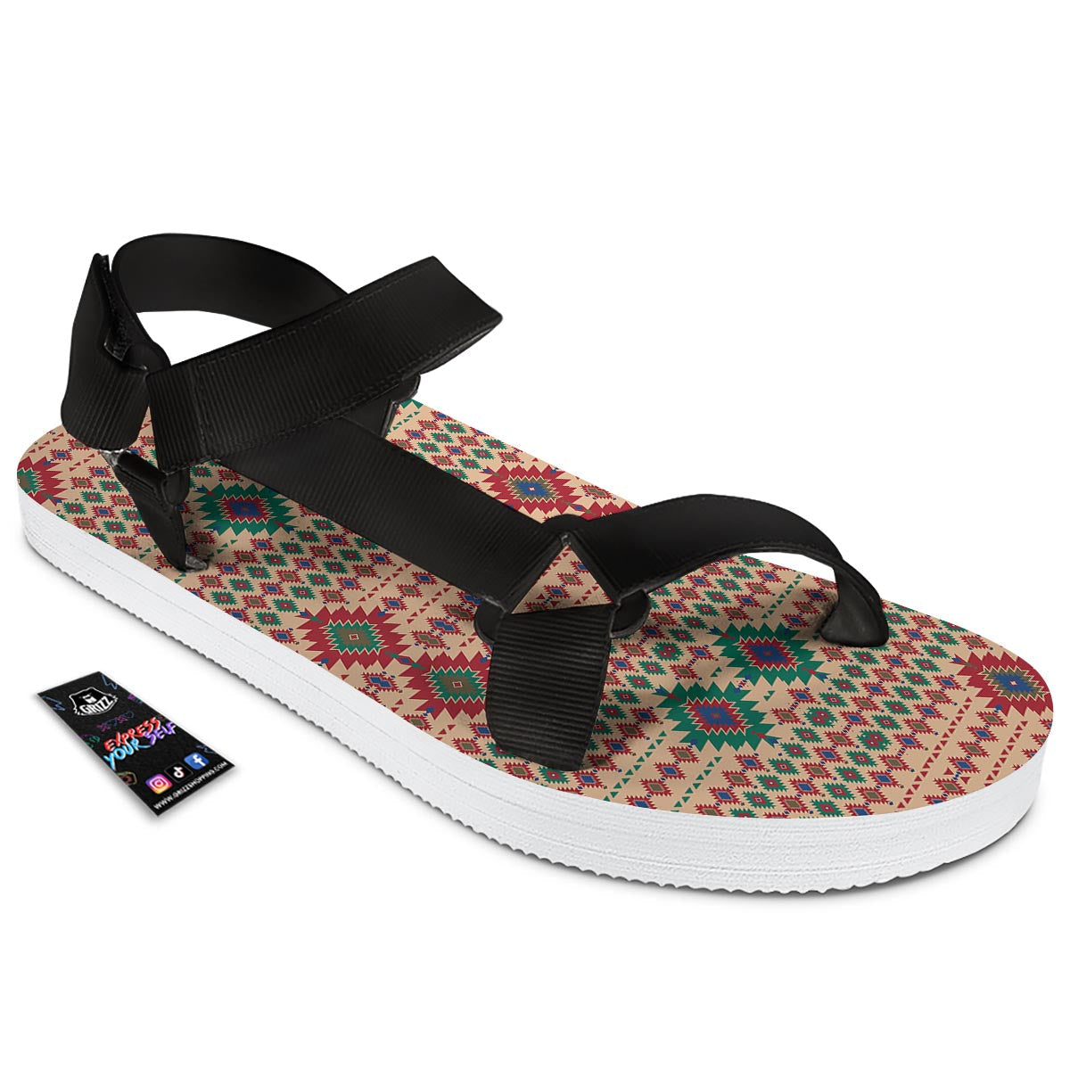 Southwestern Beige And Red Print Pattern Black Open Toe Sandals-grizzshop