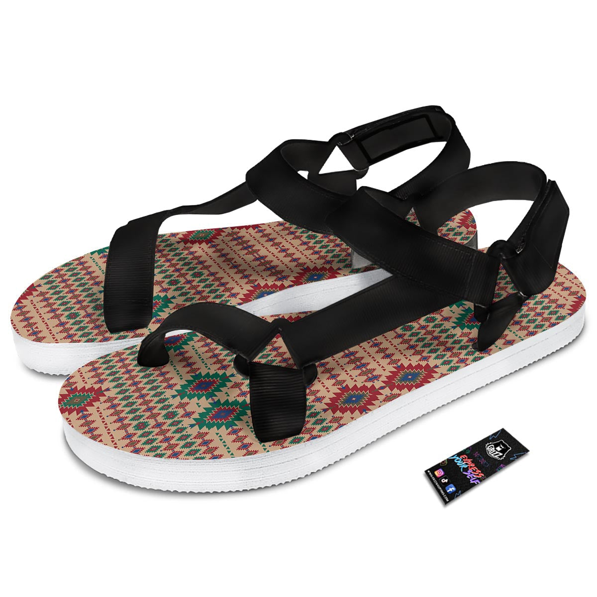 Southwestern Beige And Red Print Pattern Black Open Toe Sandals-grizzshop