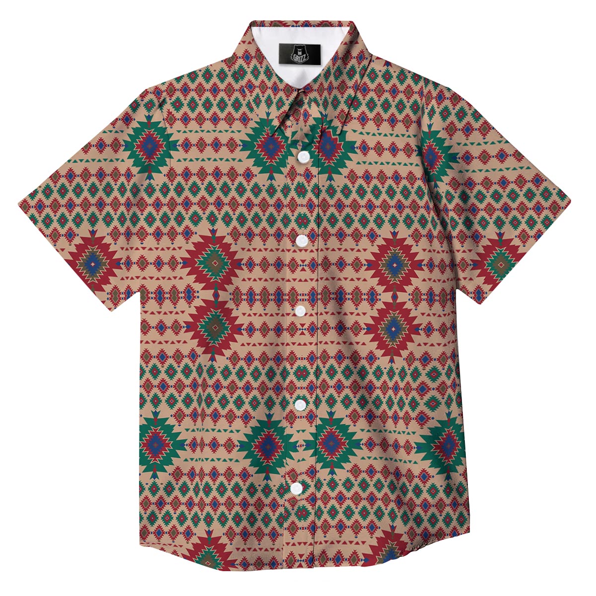 Southwestern Beige And Red Print Pattern Button Up Shirt-grizzshop
