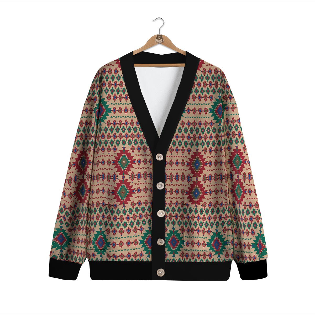 Southwestern Beige And Red Print Pattern Cardigan-grizzshop