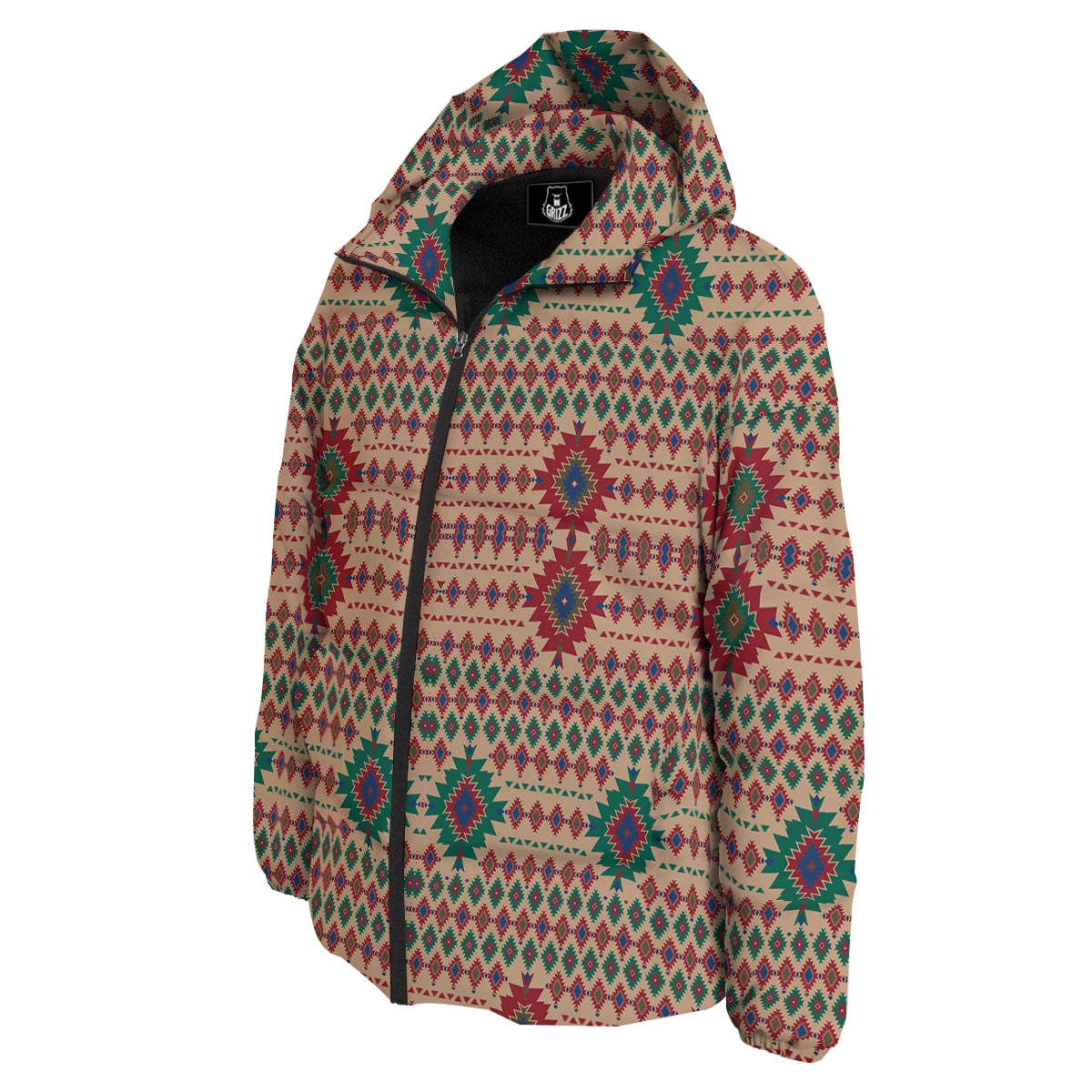 Southwestern Beige And Red Print Pattern Down Jacket-grizzshop