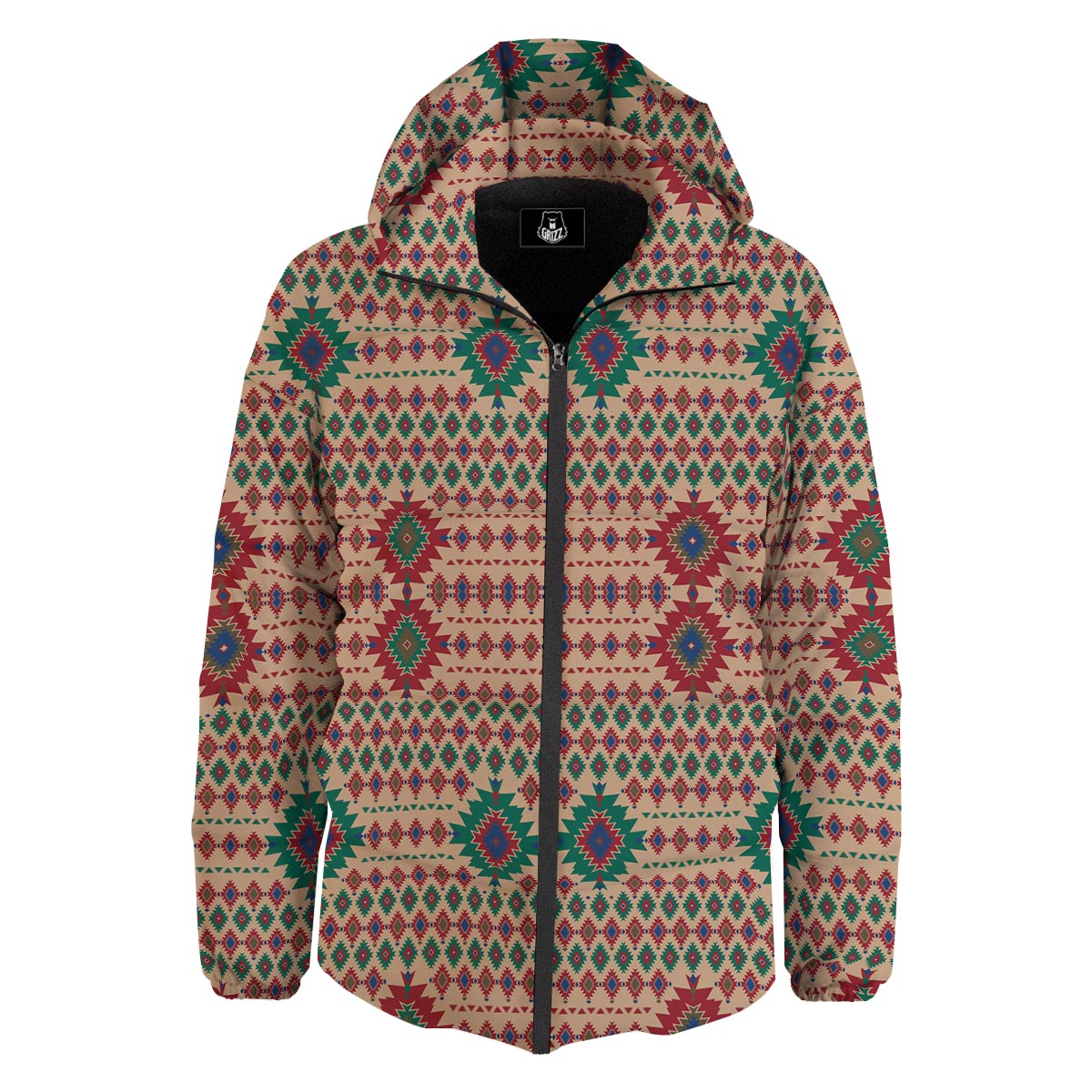 Southwestern Beige And Red Print Pattern Down Jacket-grizzshop